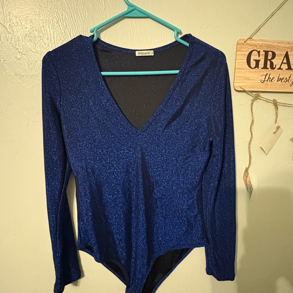 BelleLovin Shimmery Blue V-Neck Long Sleeve Bodysuit